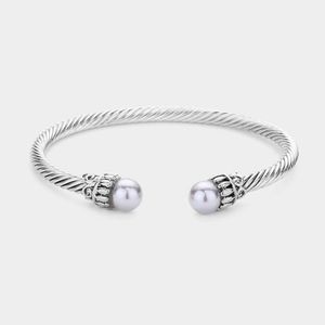 Gray Pearl Tip Twisted Cable Rope Style Cuff Bracelet Bangle Metal Accessory
